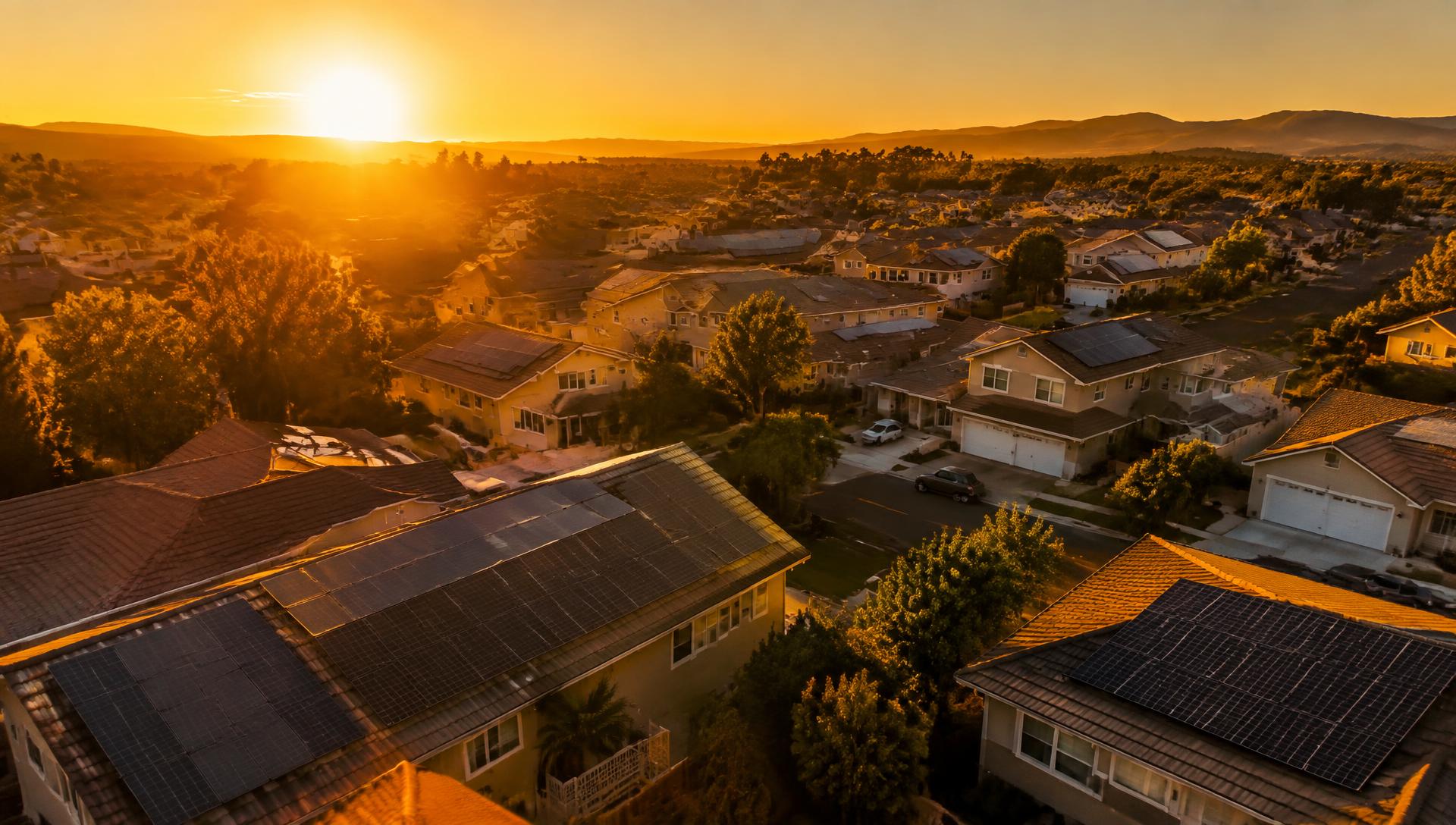 Sunrise over a neighborhood of homes with rooftop solar panels